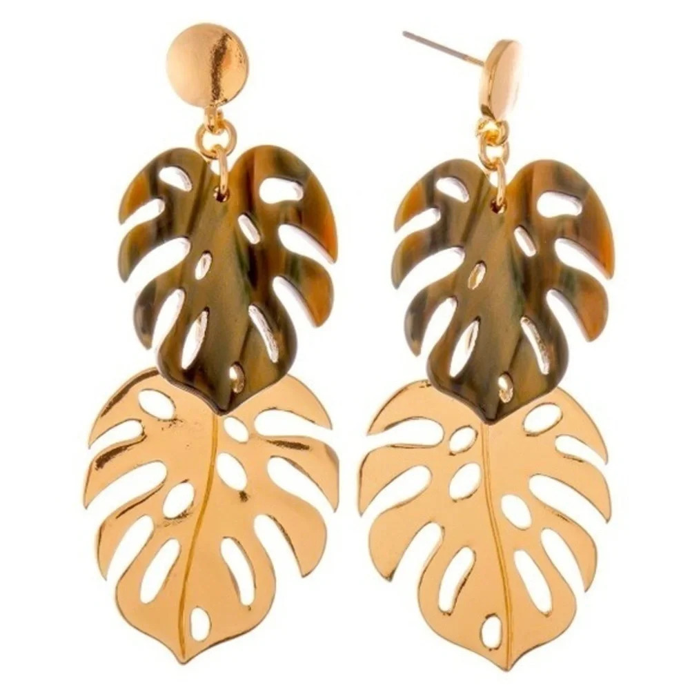 Boutique NWT tropical Gold Resin Palm Leaf Statement Drop Earrings